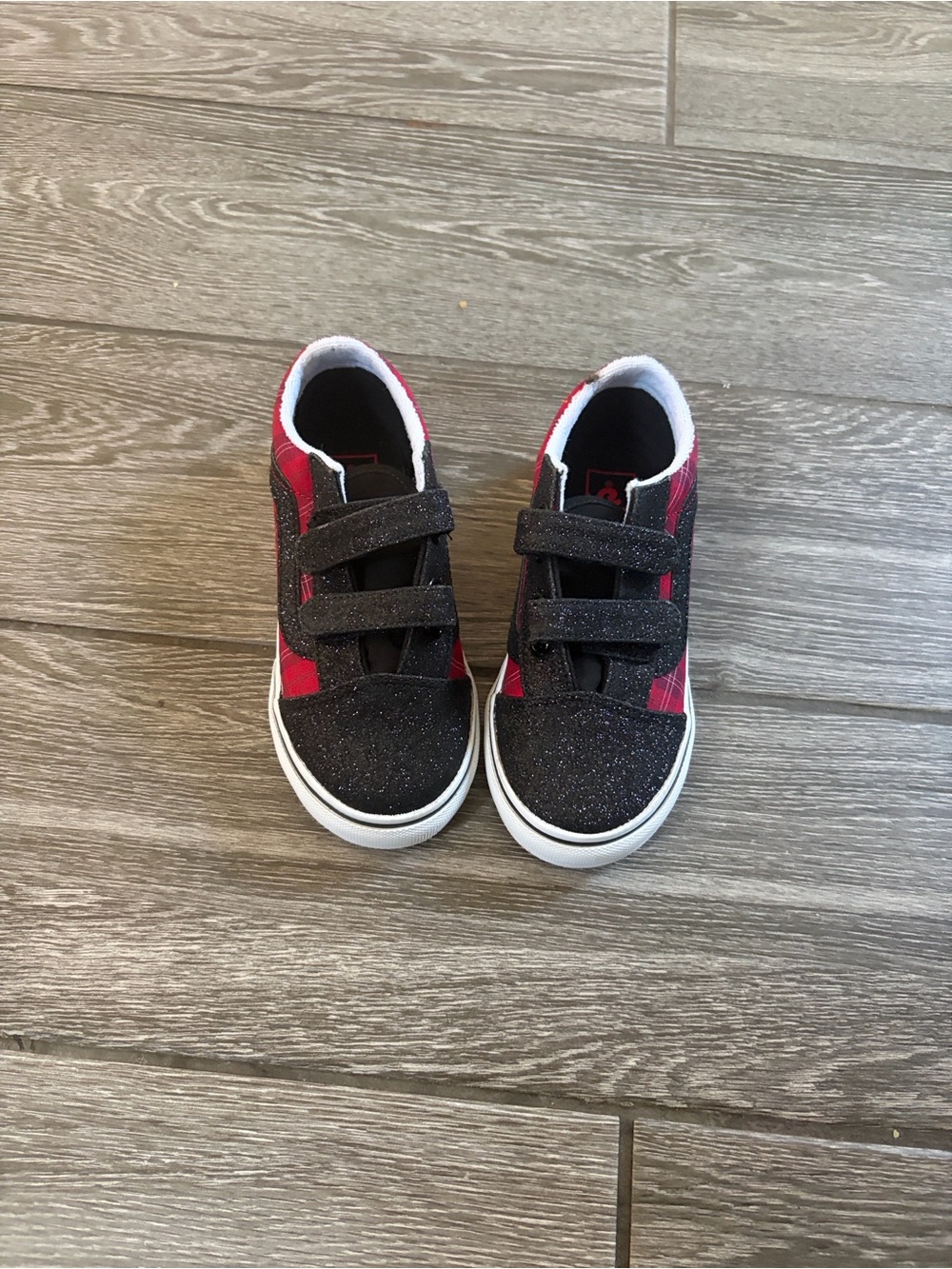 Kids Black & Red Glitter Velcro Sneakers Vans